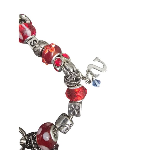 Red & Silver Charm Bracelet With Glass Beads & Metal Charms Adjustable Length - Picture 3 of 5